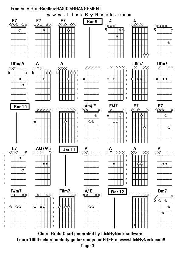 Chord Grids Chart of chord melody fingerstyle guitar song-Free As A Bird-Beatles-BASIC ARRANGEMENT,generated by LickByNeck software.